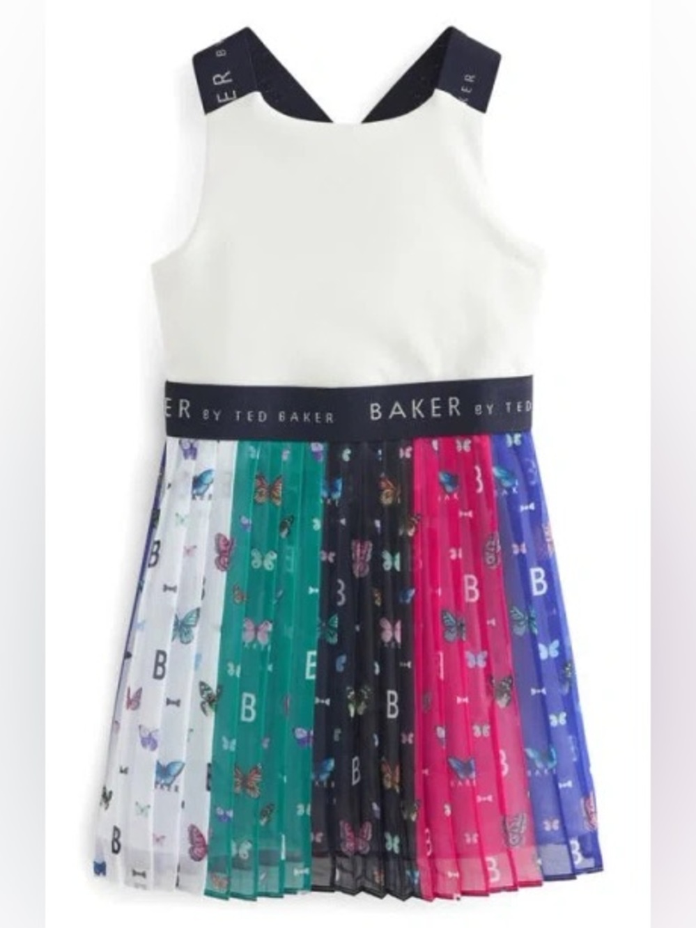 Ted Baker White Bodice Navy-Trim Multi-Panel Butterfly Pleated Dress